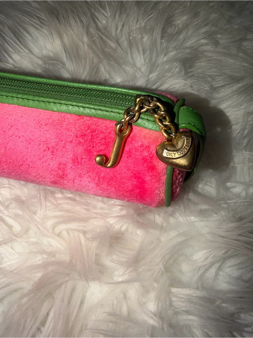 Y2K Juicy Couture Watermelon Velvet Logo Pouch & Gold Charm